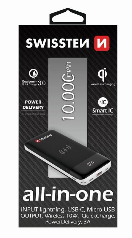 Powerbank Swissten All-In-One 10000mAh, Micro USB USB-C Lightning, QC 3.0, Qi černá