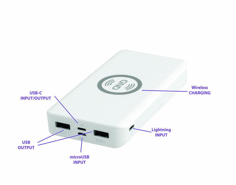 Powerbank GND 10000 mAh, bezdrátové nabíjení 5W, USB-C, Lightning bílá