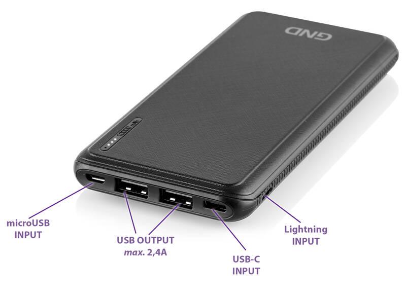 Powerbank GND 10000 mAh, USB-C, Lightning černá