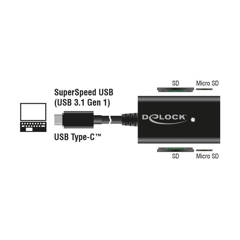 Čtečka paměťových karet DeLock USB-C SD, micro SD černá, Čtečka, paměťových, karet, DeLock, USB-C, SD, micro, SD, černá