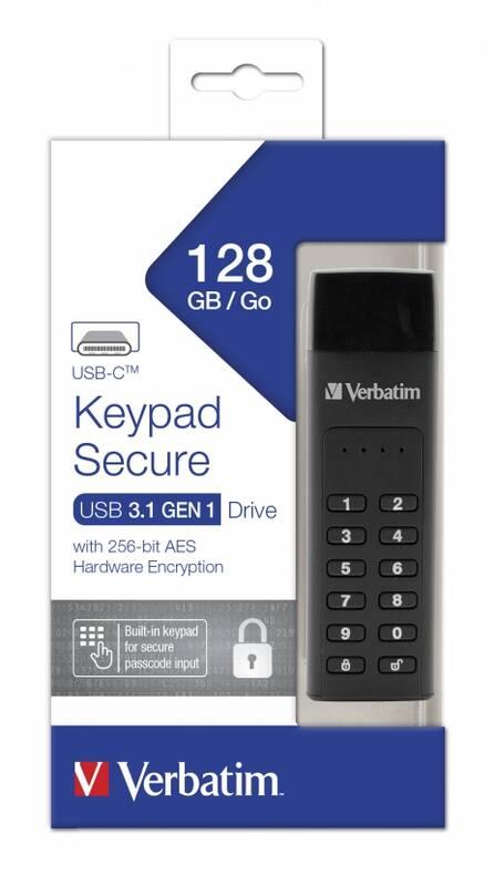 USB Flash Verbatim Keypad Secure, 128GB, USB-C černý