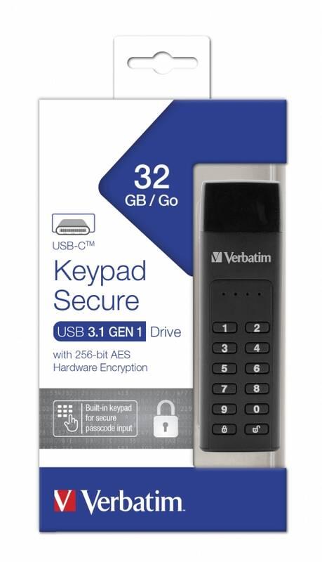 USB Flash Verbatim Keypad Secure, 32GB, USB-C černý