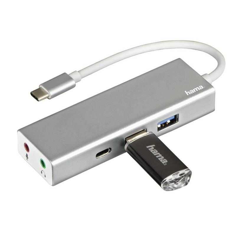 USB Hub Hama USB-C 2x USB, USB-C, Jack 3,5mm stříbrný