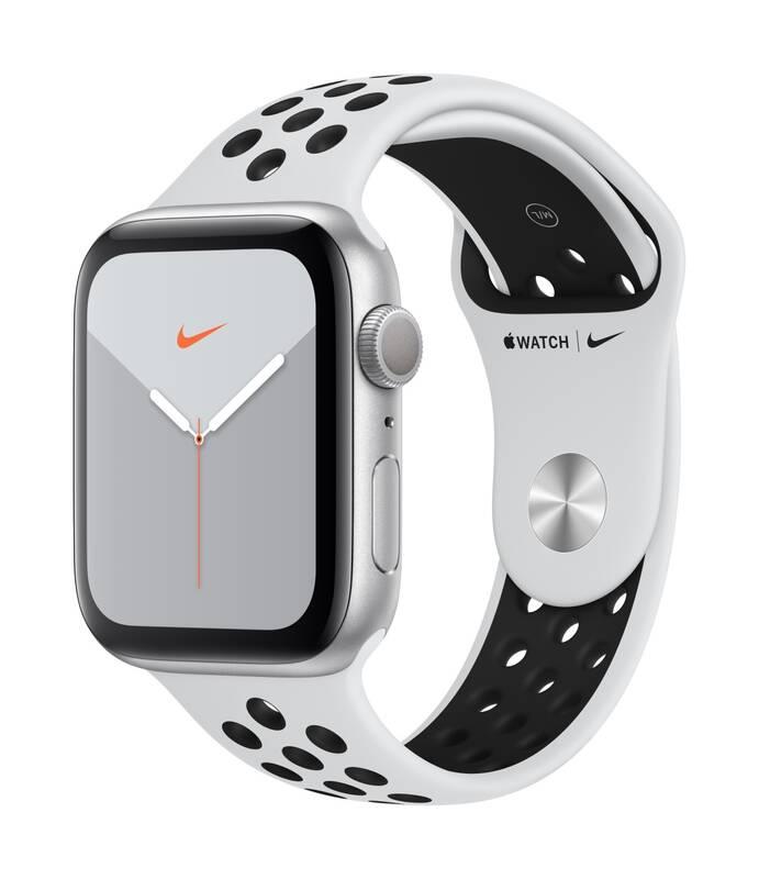 Chytré hodinky Apple Watch Nike Series 5 GPS 44mm pouzdro ze stříbrného hliníku - platinový černý sportovní řemínek Nike