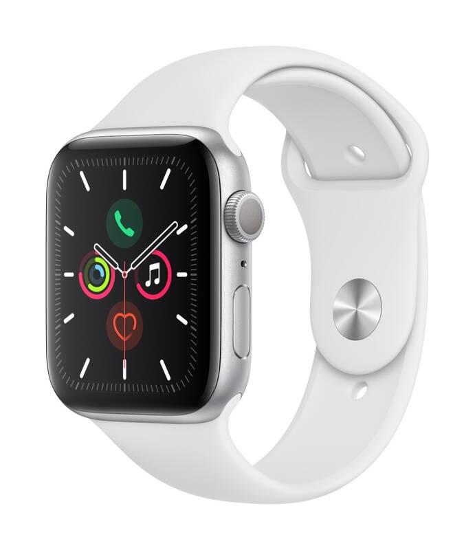 Chytré hodinky Apple Watch Series 5 GPS 44mm pouzdro ze stříbrného hliníku - bílý sportovní řemínek