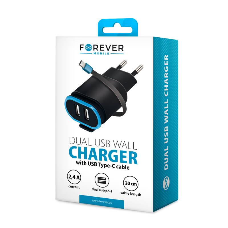 Nabíječka do sítě Forever TC-02, 2x USB, USB-C kabel černá