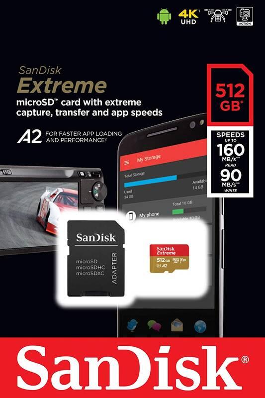 Paměťová karta Sandisk Micro SDXC Extreme 512GB A2, UHS-I U3 adapter