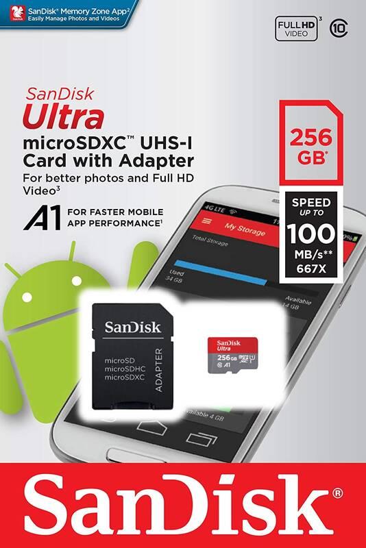 Paměťová karta Sandisk Micro SDXC Ultra Android 256GB UHS-I U1 adapter, Paměťová, karta, Sandisk, Micro, SDXC, Ultra, Android, 256GB, UHS-I, U1, adapter