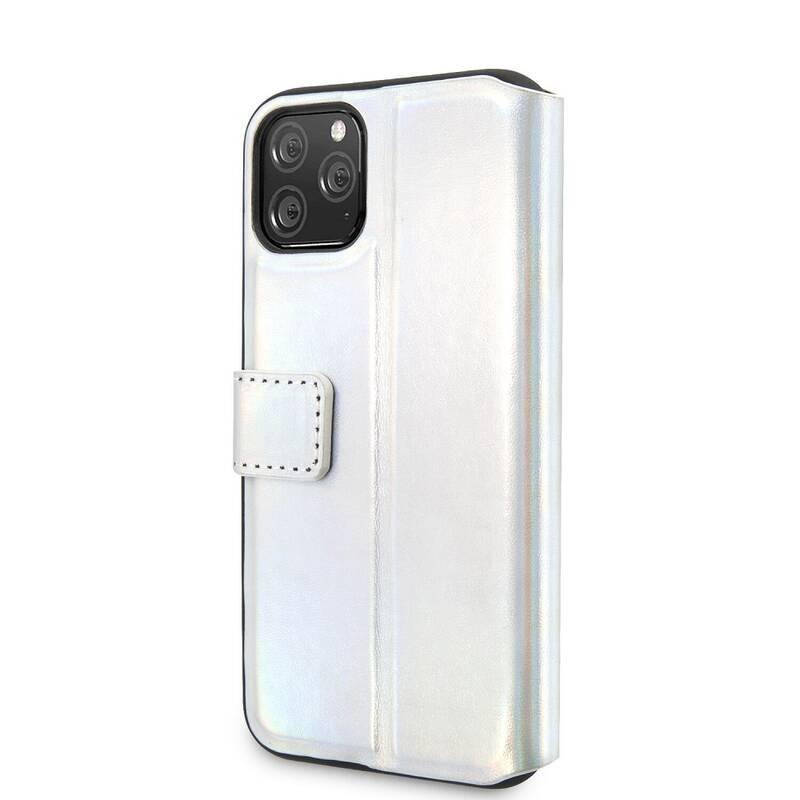 Pouzdro na mobil flipové Guess Iridescent Book pro Apple iPhone 11 Pro Max stříbrné