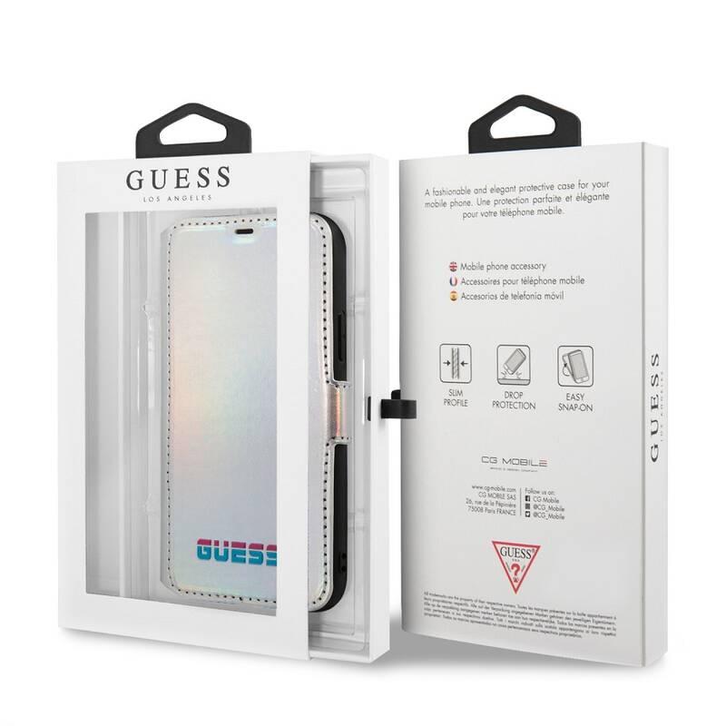 Pouzdro na mobil flipové Guess Iridescent Book pro Apple iPhone 11 Pro Max stříbrné