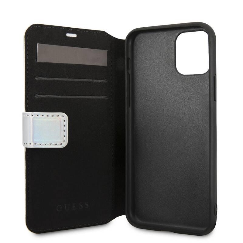 Pouzdro na mobil flipové Guess Iridescent Book pro Apple iPhone 11 Pro stříbrné