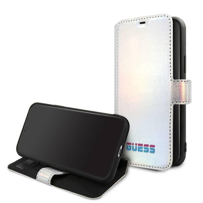 Pouzdro na mobil flipové Guess Iridescent Book pro Apple iPhone 11 Pro stříbrné