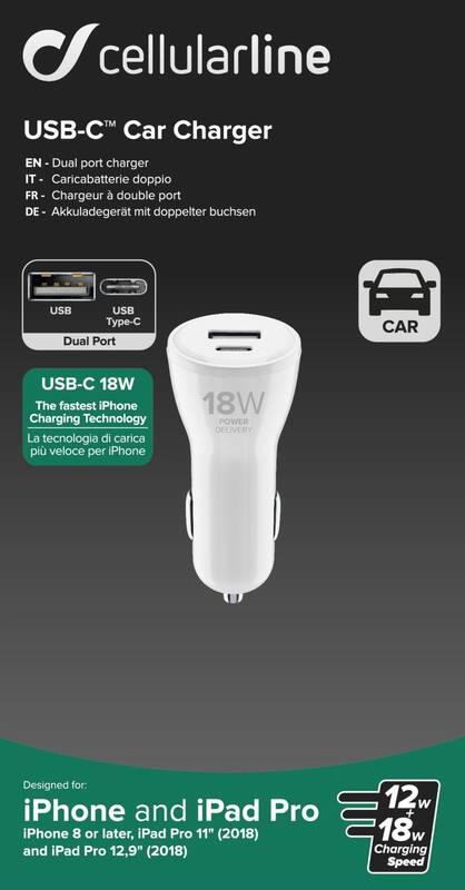 Adaptér do auta CellularLine USB, USB-C PD, 30W bílý
