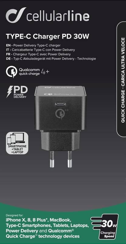 Nabíječka do sítě CellularLine USB-C PD, 30W, QC 4 černá