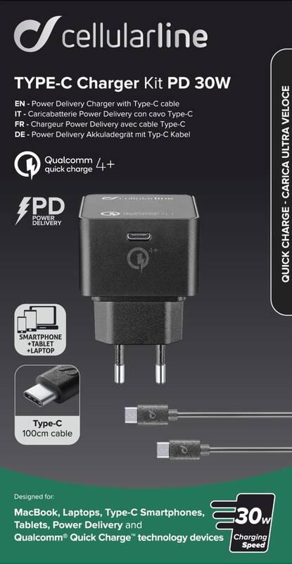Nabíječka do sítě CellularLine USB-C PD, 30W, QC 4 , USB-C kabel 1m černá