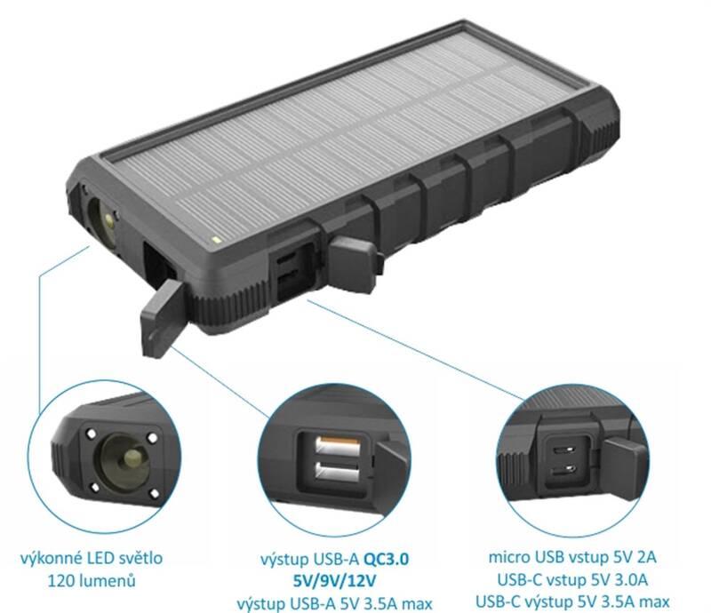 Powerbank Viking W24, 24000mAh, solární, QC 3.0, USB-C černá