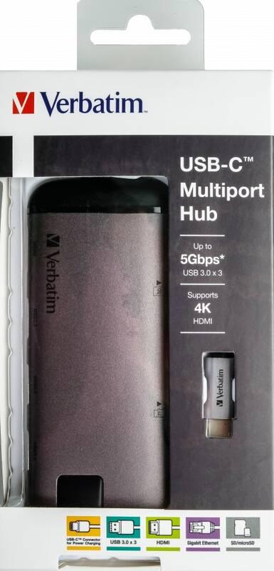 USB Hub Verbatim USB-C 3xUSB 3.0, HDMI, SD, MicroSD, RJ45 šedý, USB, Hub, Verbatim, USB-C, 3xUSB, 3.0, HDMI, SD, MicroSD, RJ45, šedý