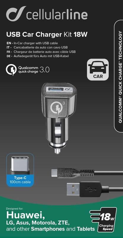 Adaptér do auta CellularLine 18W, QC 3.0 USB-C kabel 1m černý