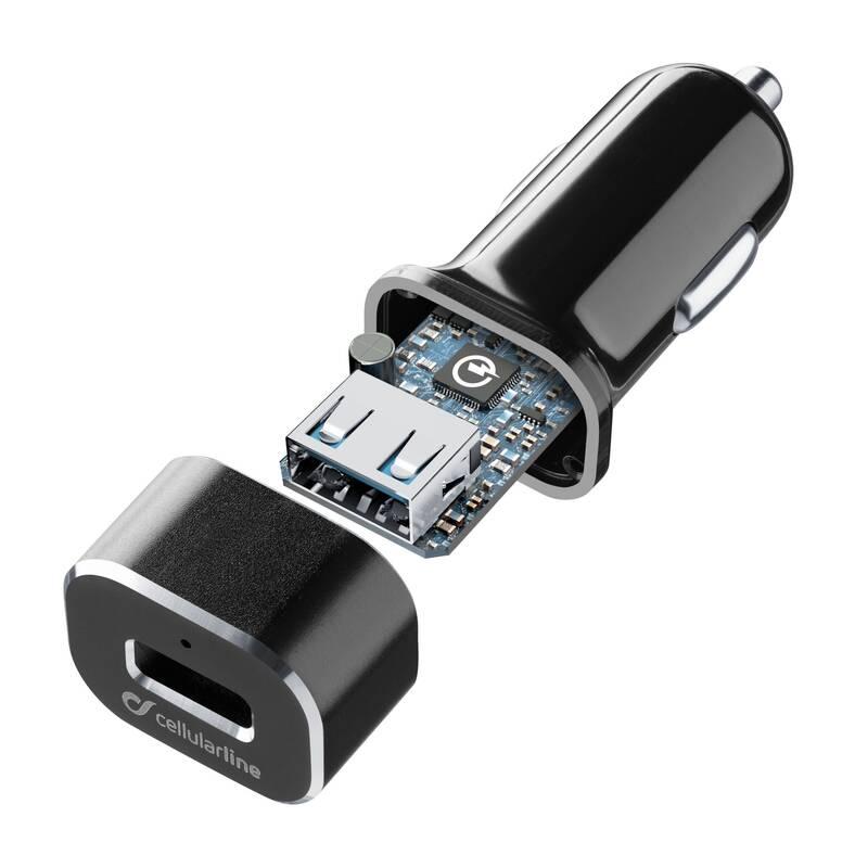 Adaptér do auta CellularLine Tetra Force 18W, QC 3.0 USB-C kabel 1m černý
