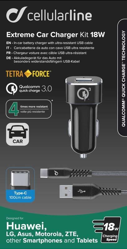 Adaptér do auta CellularLine Tetra Force 18W, QC 3.0 USB-C kabel 1m černý