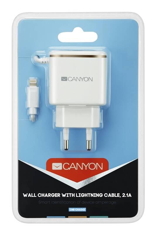 Nabíječka do sítě Canyon 1x USB, Lightning kabel 1m bílá