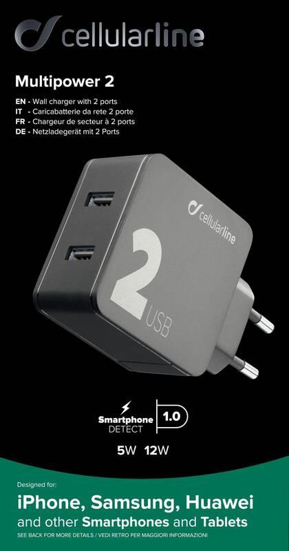 Nabíječka do sítě CellularLine Multipower 2, Smartphone detect, 2 x USB port, 24W černá