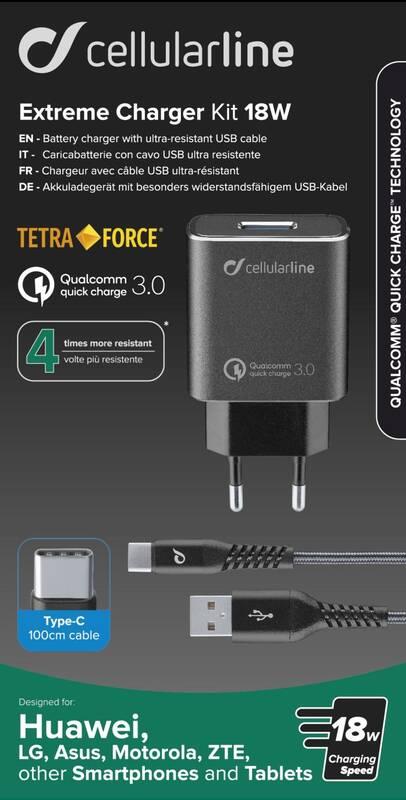 Nabíječka do sítě CellularLine Tetra Force 18W, QC 3.0 USB-C kabel 1m černá