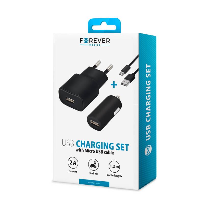 Nabíječka do sítě Forever 1x USB adaptér do auta 1x USB Micro USB kabel 1,2m černá