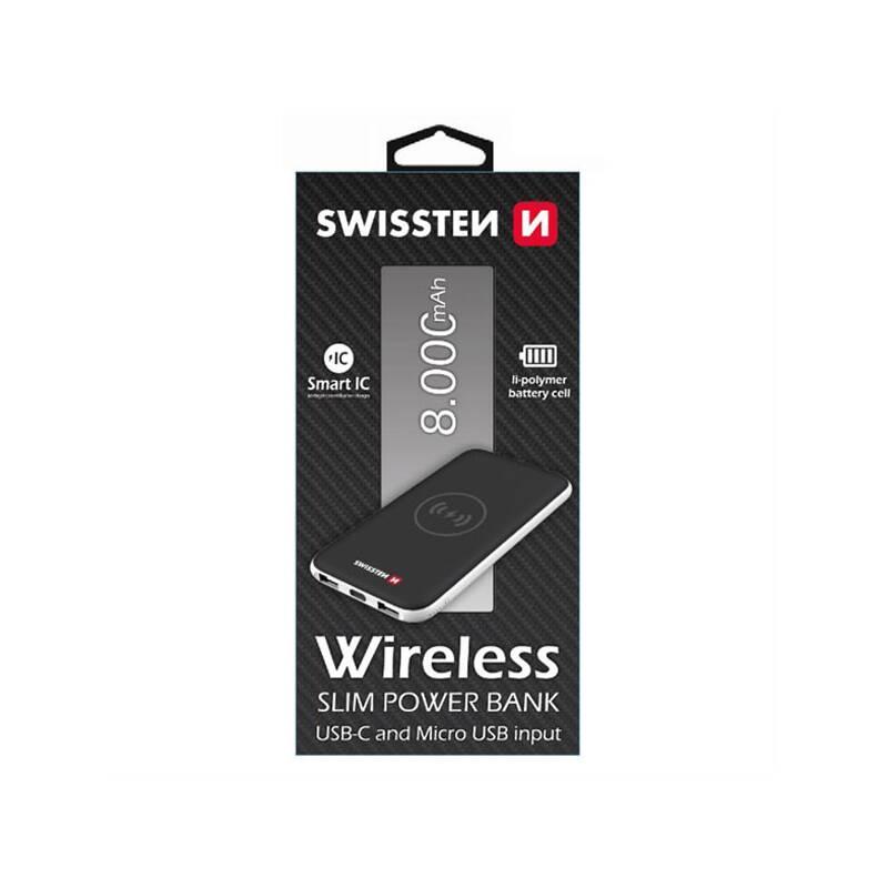 Powerbank Swissten Slim 8000mAh, USB-C, bezdrátové nabíjení černá