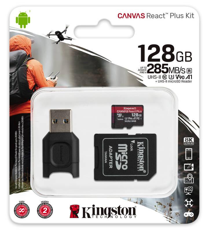 Paměťová karta Kingston Canvas React Plus MicroSDXC 128GB UHS-II U3 adaptér čtečka
