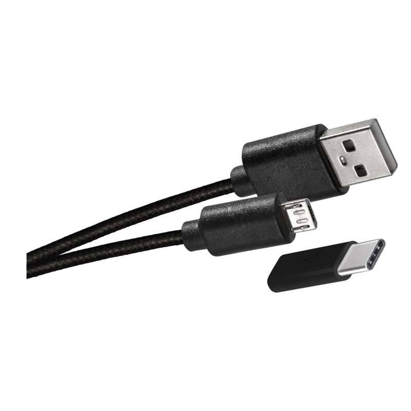 Adaptér do auta EMOS 1x USB, Micro USB kabel, USB-C redukce, 1m černý