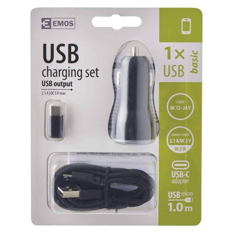 Adaptér do auta EMOS 1x USB, Micro USB kabel, USB-C redukce, 1m černý