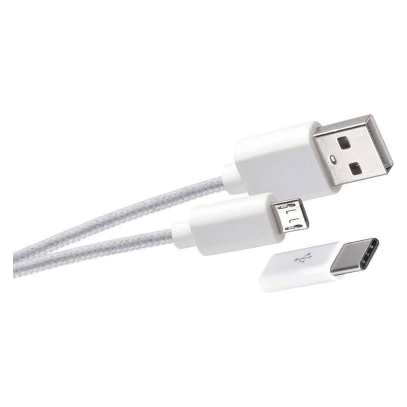 Nabíječka do sítě EMOS 1x USB, Micro USB kabel, USB-C redukce, 1m bílá