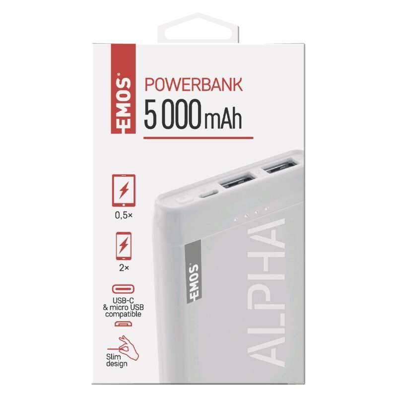 Powerbank EMOS Alpha 5, 5000 mAh, USB-C kabel bílá