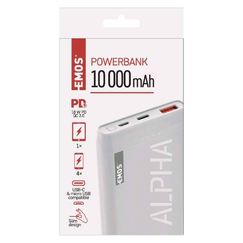 Powerbank EMOS AlphaQ 10, 10000 mAh, USB-C PD 18W, QC 3.0 bílá, Powerbank, EMOS, AlphaQ, 10, 10000, mAh, USB-C, PD, 18W, QC, 3.0, bílá