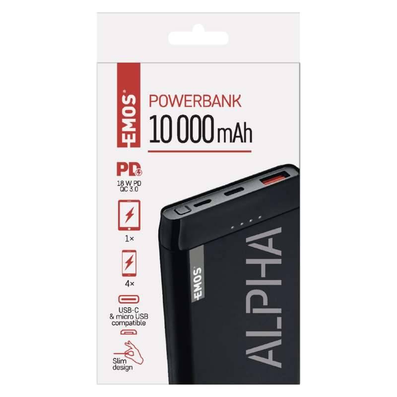 Powerbank EMOS AlphaQ 10, 10000 mAh, USB-C PD 18W, QC 3.0 černá, Powerbank, EMOS, AlphaQ, 10, 10000, mAh, USB-C, PD, 18W, QC, 3.0, černá