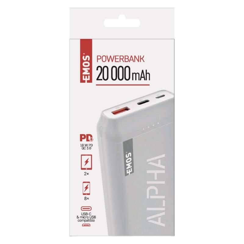 Powerbank EMOS AlphaQ 20, 20000 mAh, USB-C PD 18W, QC 3.0 bílá, Powerbank, EMOS, AlphaQ, 20, 20000, mAh, USB-C, PD, 18W, QC, 3.0, bílá