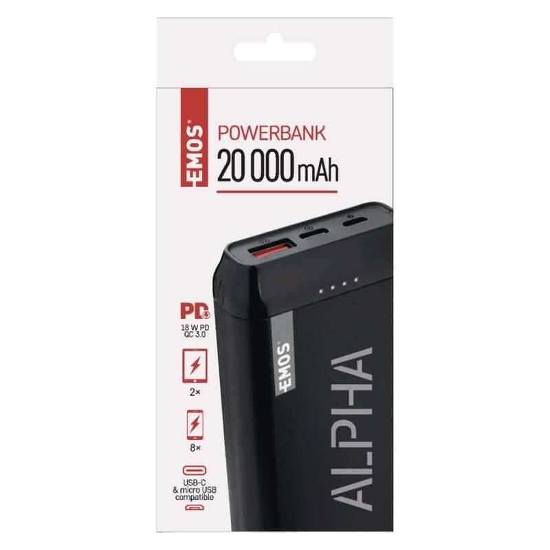 Powerbank EMOS AlphaQ 20, 20000 mAh, USB-C PD 18W, QC 3.0 černá, Powerbank, EMOS, AlphaQ, 20, 20000, mAh, USB-C, PD, 18W, QC, 3.0, černá