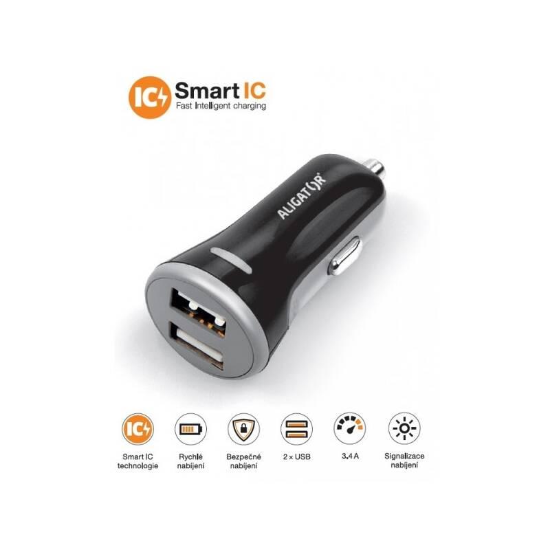Adaptér do auta Aligator 2xUSB, smart IC, 3,4A černý