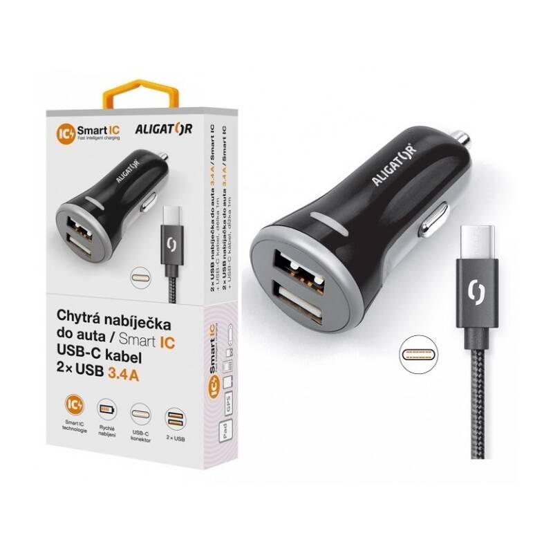 Adaptér do auta Aligator 2xUSB, smart IC, 3,4A USB-C kabel černý