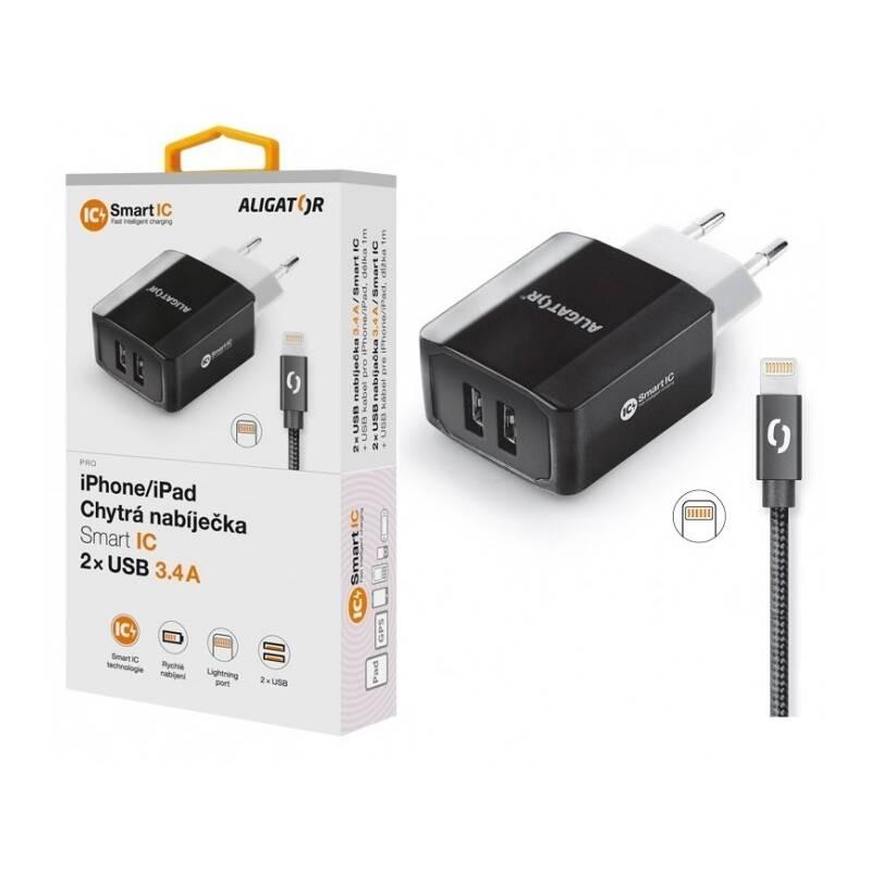 Nabíječka do sítě Aligator 2xUSB, smart IC, 3,4A Lightning kabel černá