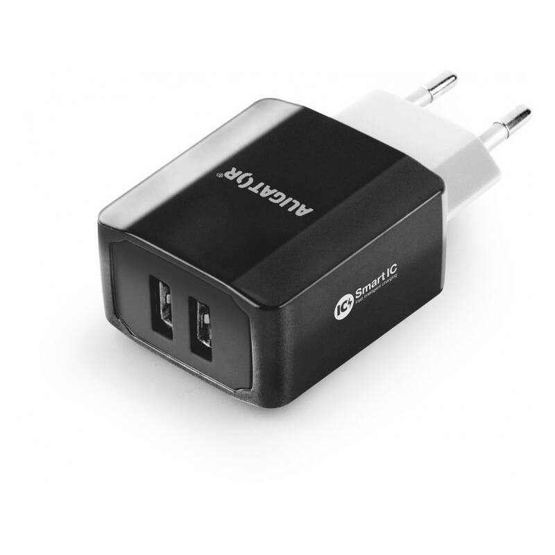 Nabíječka do sítě Aligator 2xUSB, smart IC, 3,4A USB-C kabel černá