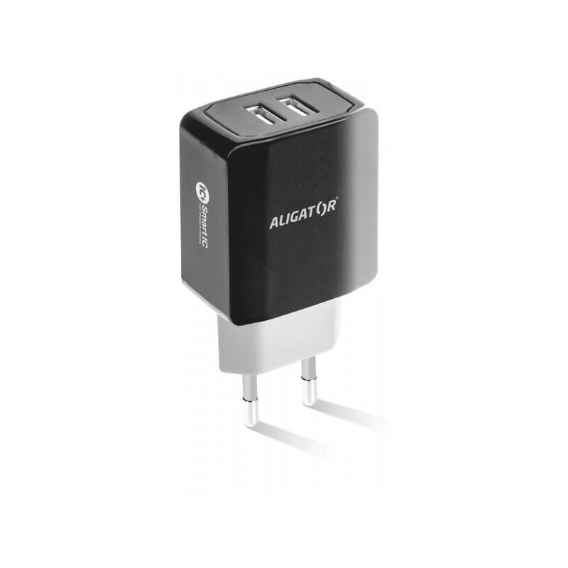 Nabíječka do sítě Aligator 2xUSB, smart IC, 3,4A USB-C kabel černá