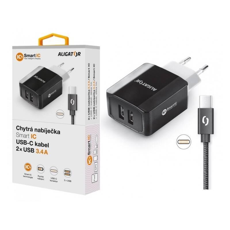Nabíječka do sítě Aligator 2xUSB, smart IC, 3,4A USB-C kabel černá