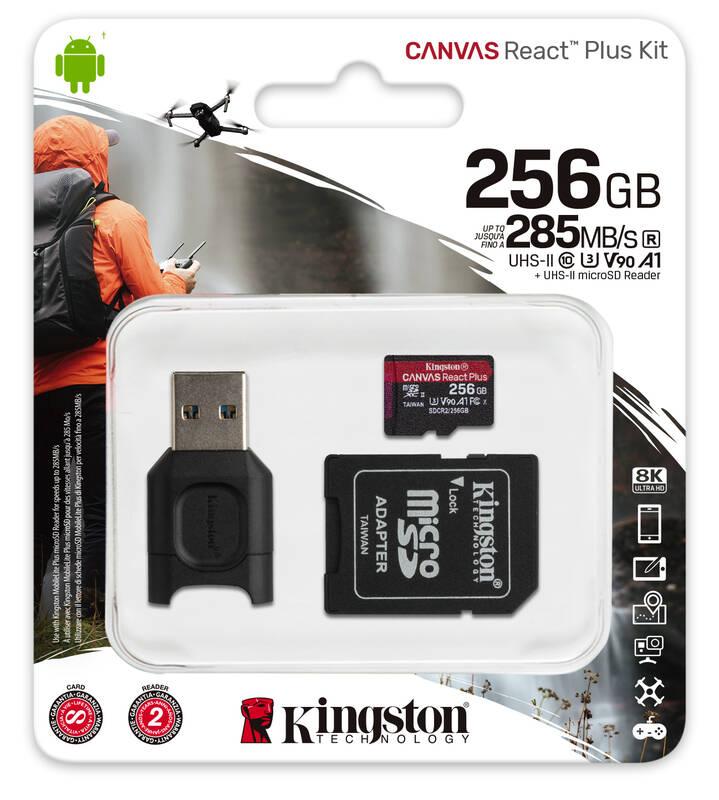 Paměťová karta Kingston Canvas React Plus MicroSDXC 256GB UHS-II U3 adaptér čtečka