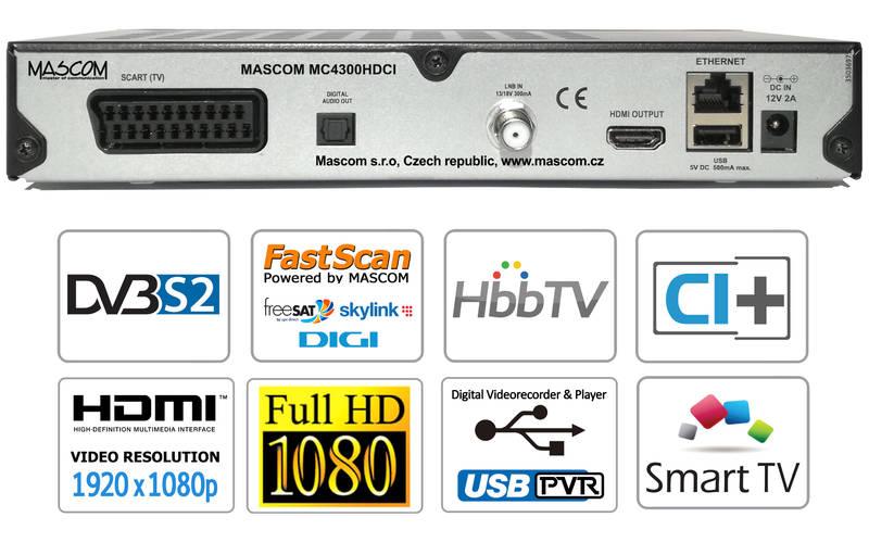 Satelitní přijímač Mascom MC4300HDCI-SMART HD černý, Satelitní, přijímač, Mascom, MC4300HDCI-SMART, HD, černý