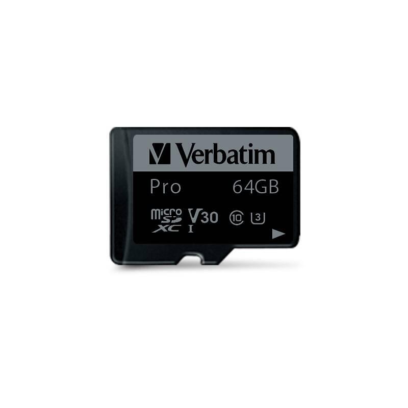 Paměťová karta Verbatim Pro microSDXC 64GB UHS-I V30 U3 adaptér, Paměťová, karta, Verbatim, Pro, microSDXC, 64GB, UHS-I, V30, U3, adaptér