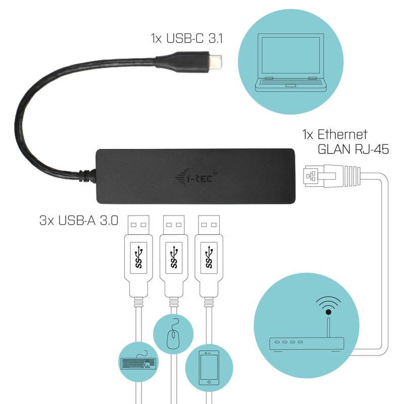 USB Hub i-tec USB-C 3x USB 3.0 LAN černý