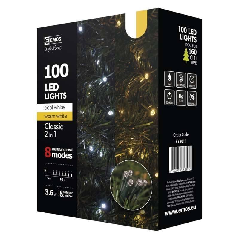 Vánoční osvětlení EMOS 100 LED řetěz, 10m, studená bílá teplá bílá, programy