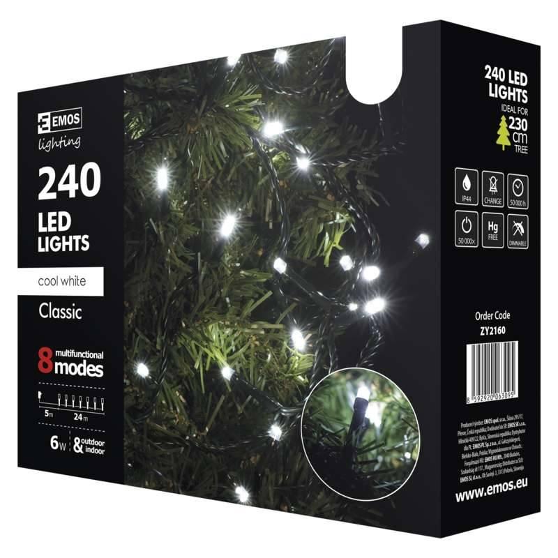 Vánoční osvětlení EMOS 240 LED řetěz, 24m, studená bílá, programy